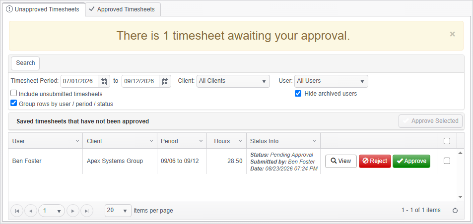 Timogix approval screen with options to view, reject, or approve a submitted timesheet